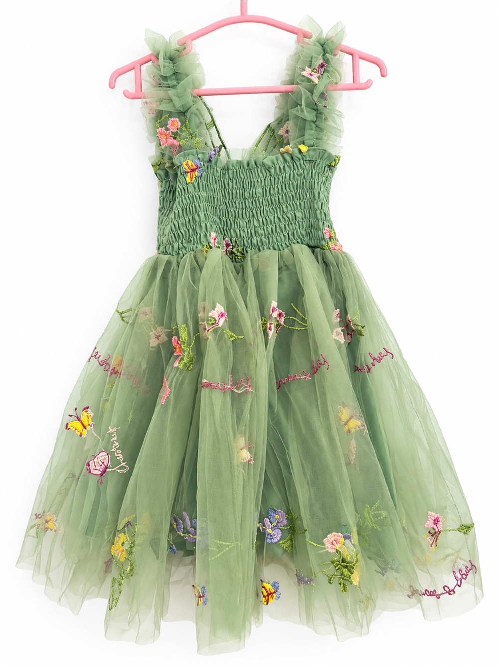 Green Floral Tulle Girls' Party Dress with Embroidered Accents